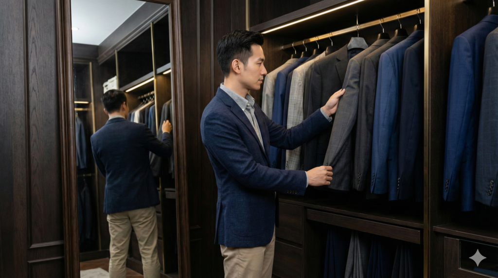 高級なクローゼットルームで、アジア人男性が上質なジャケットを慎重に選んでいる。特別な日のためにスーツを「制服」ではなく「勝負服」として扱っている様子