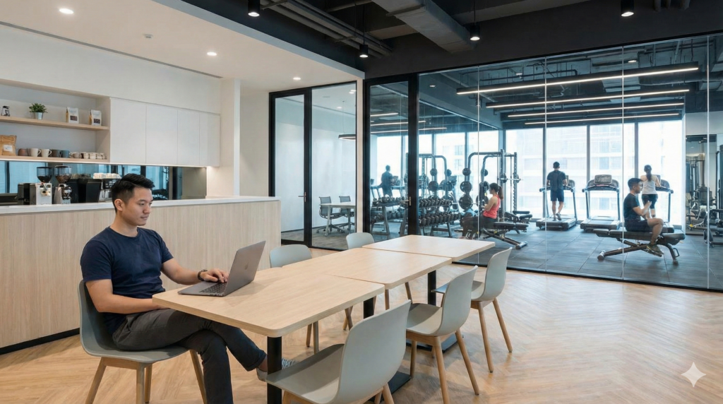 現代的な複合カフェでリラックスしてパソコン作業をするアジア人男性と、ガラス越しに併設された清潔なフィットネスジムで運動する人々。アパレル企業の多角化戦略の例